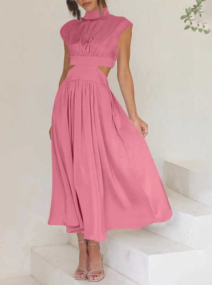 Polina Lange Mock Neck Jurk Dames met Cut-out Detail, Mouwloos en Zakken - Zwart/Roze/Lichtblauw