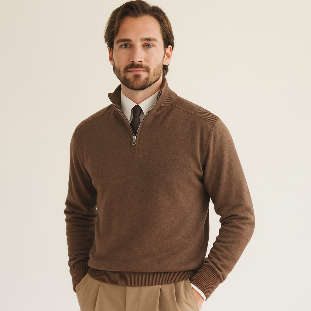 Alessio Romano | Luxe Heren Trui met Half-Rits en Hoge Kraag