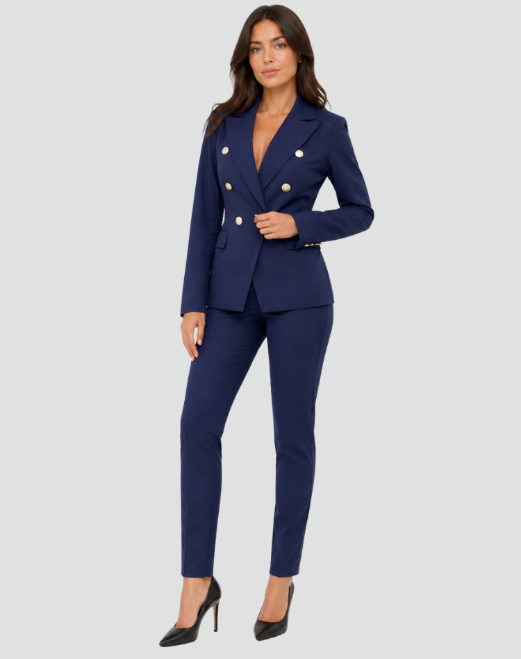 Dameskostuum Ceremonieel Dubbelrijk Blazer Broek Korte Jas Broekpak met Gouden Knopen - Zwart/Beige/Rood