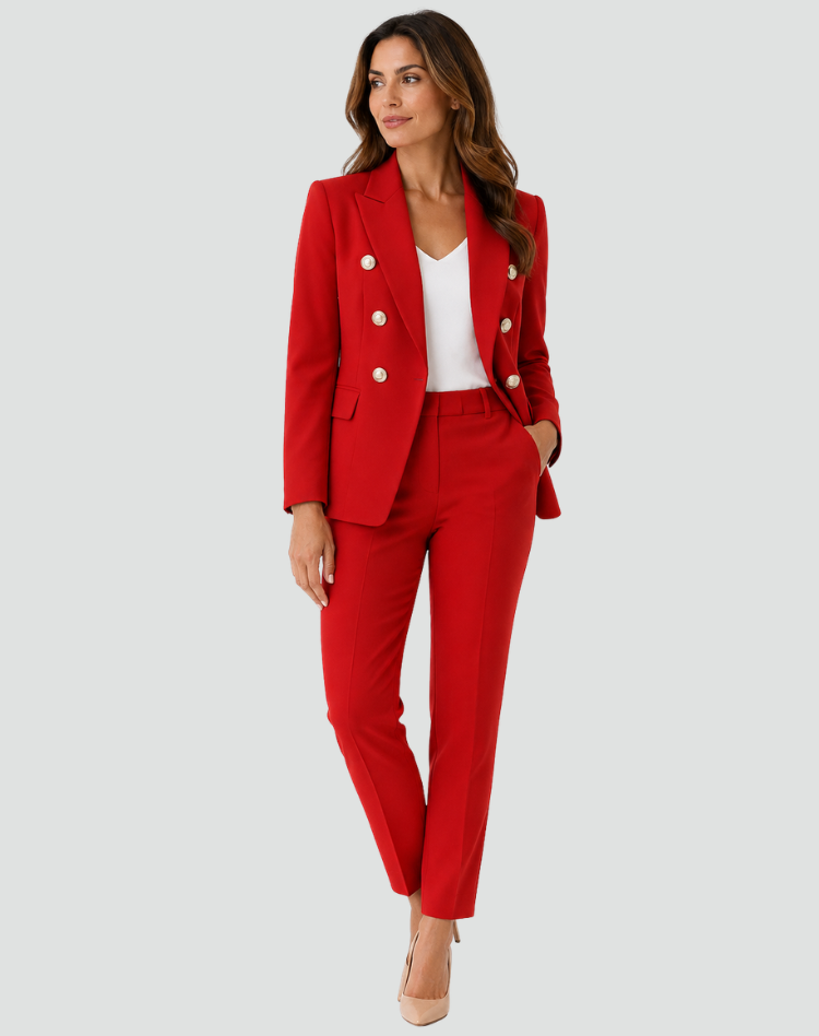 Dameskostuum Ceremonieel Dubbelrijk Blazer Broek Korte Jas Broekpak met Gouden Knopen - Zwart/Beige/Rood