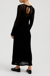 Gebreide Midi Jurk Dames Lange Mouwen Aansluitend Transparante Details - Zwart - Maelen