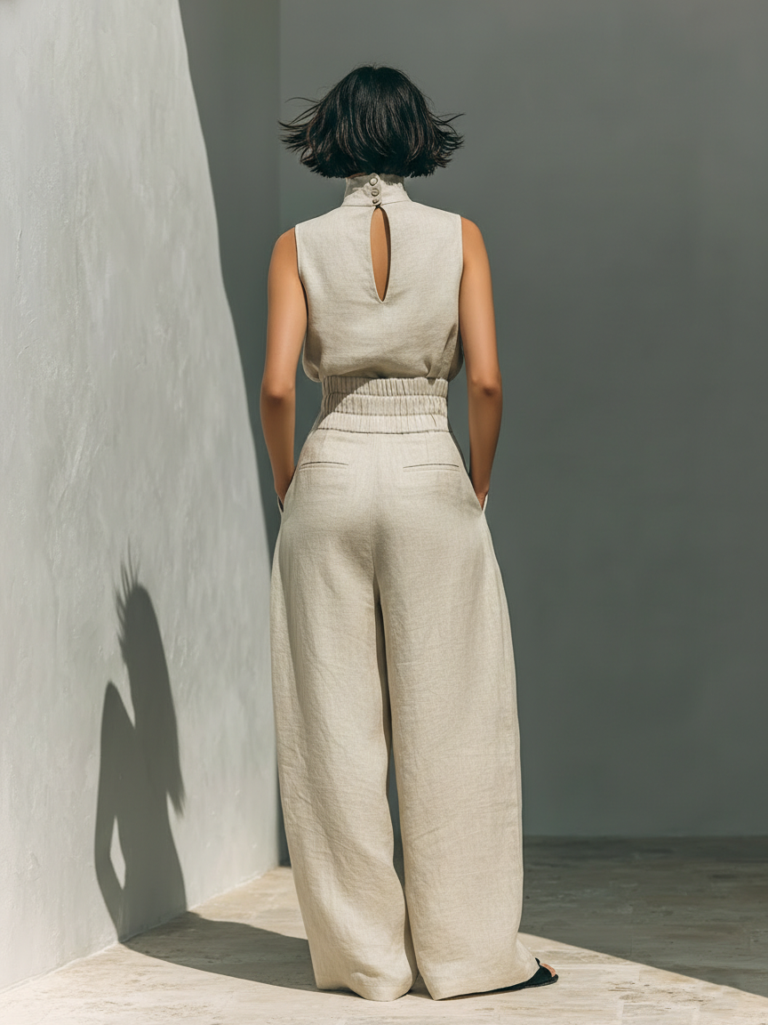 Linnen Set Dames Tweedelig Mouwloze Top en Wijde Broek - Lichtblauw / Khaki / Olijfgroen - Maelen