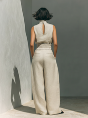 Linnen Set Dames Tweedelig Mouwloze Top en Wijde Broek - Lichtblauw / Khaki / Olijfgroen - Maelen