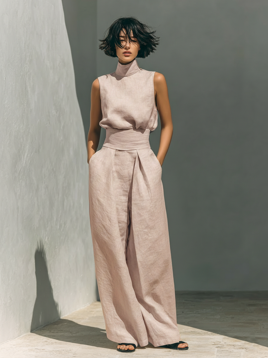 Linnen Set Dames Tweedelig Mouwloze Top en Wijde Broek - Lichtblauw / Khaki / Olijfgroen - Maelen
