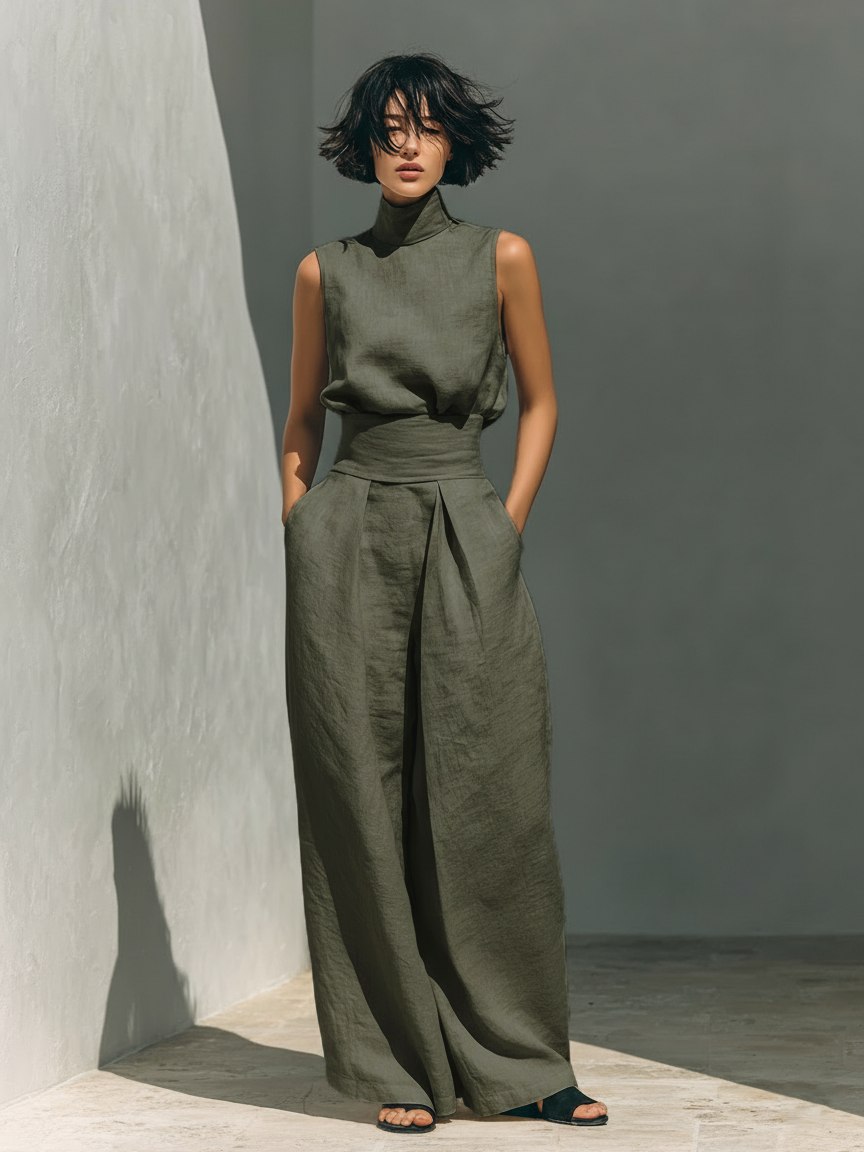 Linnen Set Dames Tweedelig Mouwloze Top en Wijde Broek - Lichtblauw / Khaki / Olijfgroen - Maelen