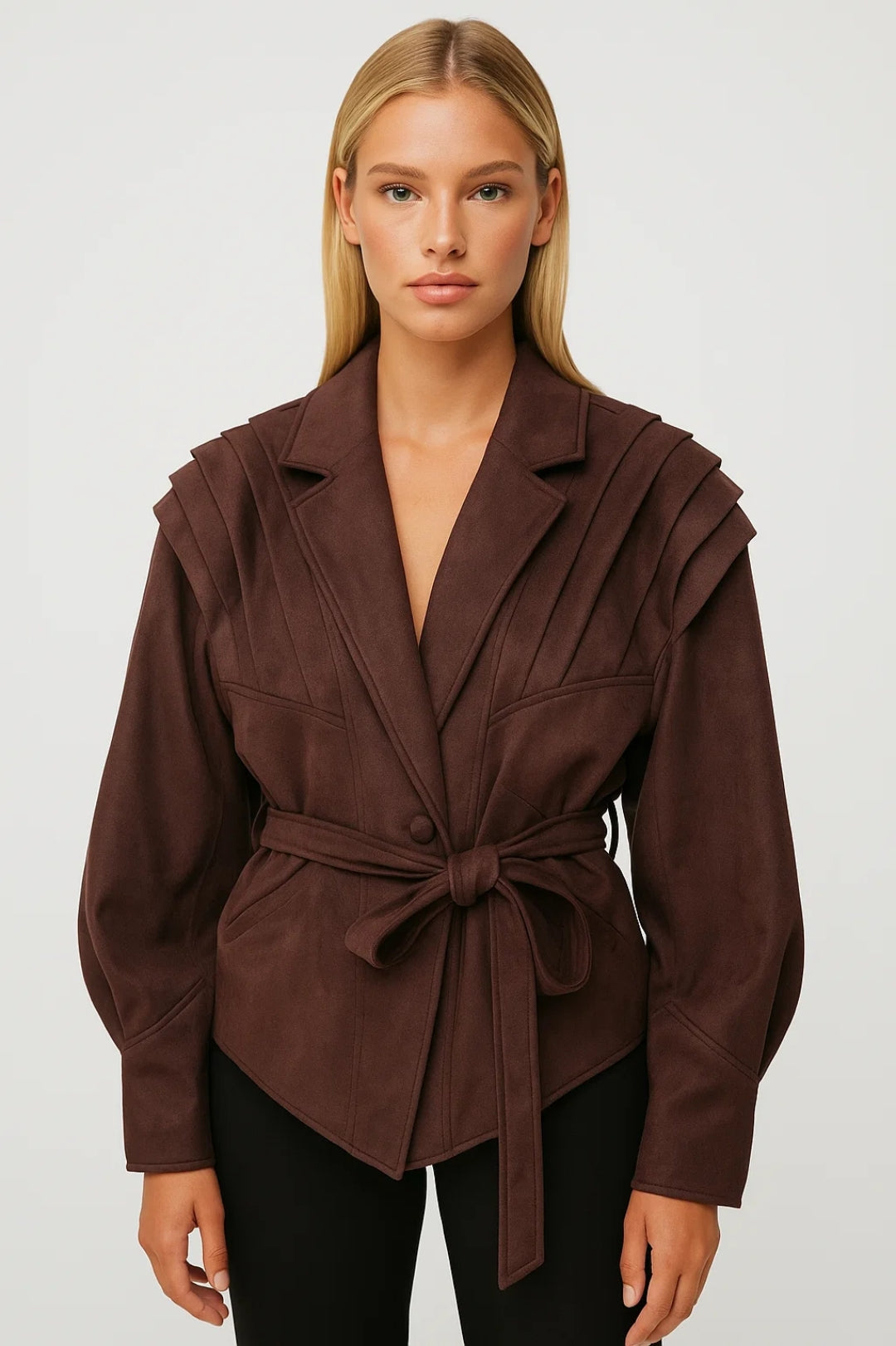 Dames Blazer met Tailleband en Plooidetails - Donkerbruin / Beige - Maelen