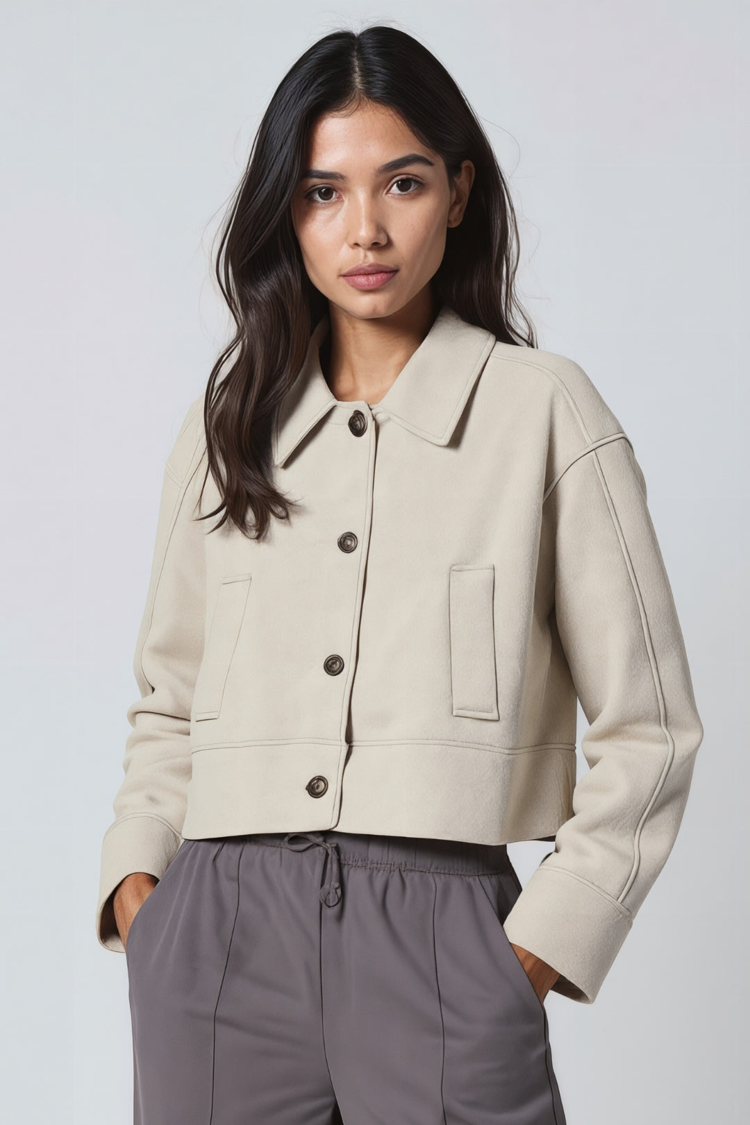 Dames Utility Jas Kort Knopen Relaxte Pasvorm Casual - Beige / Zwart - Maelen