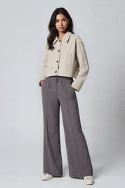 Dames Utility Jas Kort Knopen Relaxte Pasvorm Casual - Beige / Zwart - Maelen