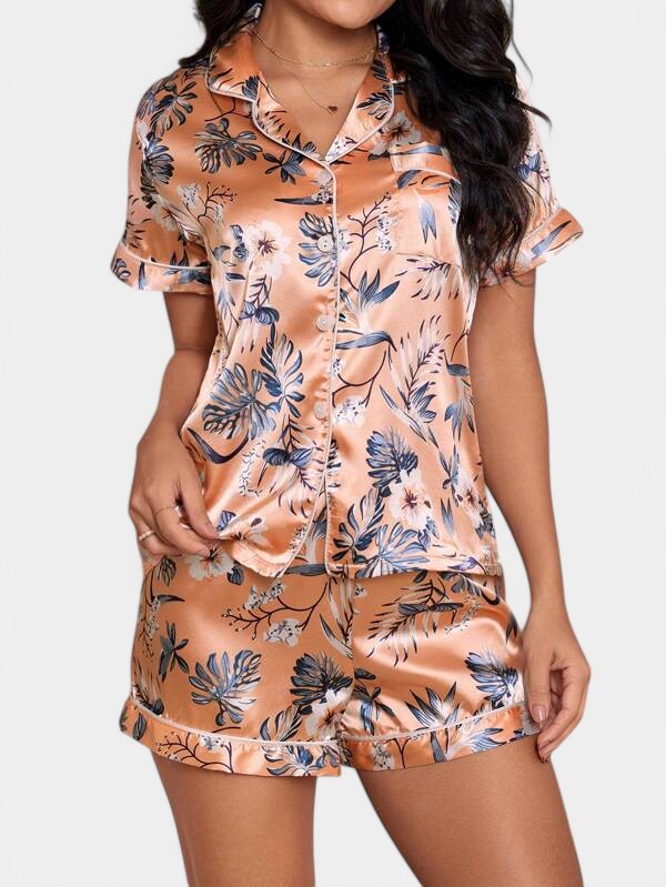 Allegra satijnen pyjamaset dames – luxe tropische print met bies