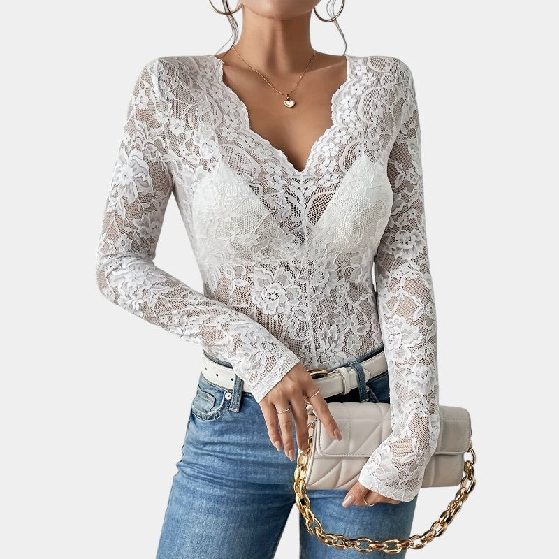 Luciana kanten top dames – elegante V-hals met lange mouwen