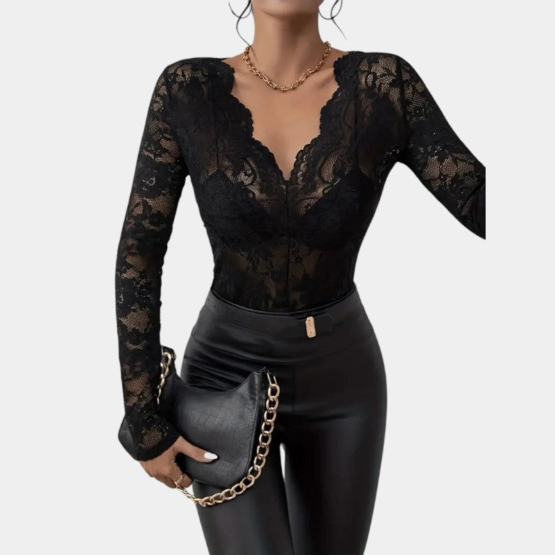 Luciana kanten top dames – elegante V-hals met lange mouwen