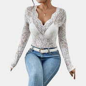 Luciana kanten top dames – elegante V-hals met lange mouwen