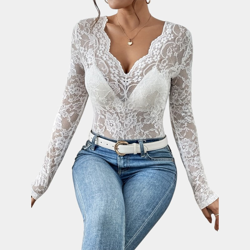 Luciana kanten top dames – elegante V-hals met lange mouwen