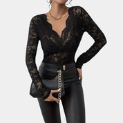 Luciana kanten top dames – elegante V-hals met lange mouwen