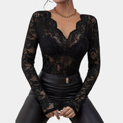 Luciana kanten top dames – elegante V-hals met lange mouwen