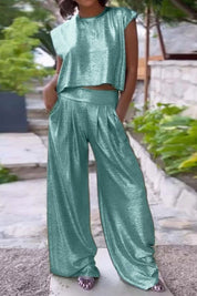 Loïs Set | Glanzende Tweedelige Dames Set met Crop Top en Wijde Broek