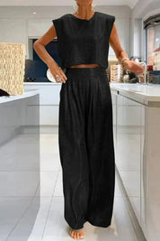 Loïs Set | Glanzende Tweedelige Dames Set met Crop Top en Wijde Broek