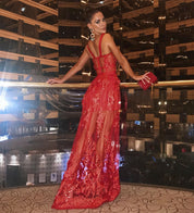 Isabella Jurk | Lange Mesh Jurk met Bloemenprint en Elegante Brede Bandjes