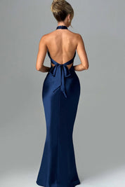 Halter Maxi Jurk met Open Rug Dames - Donkerblauw / Bordeaux - Maelen