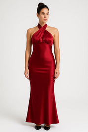 Halter Maxi Jurk met Open Rug Dames - Donkerblauw / Bordeaux - Maelen