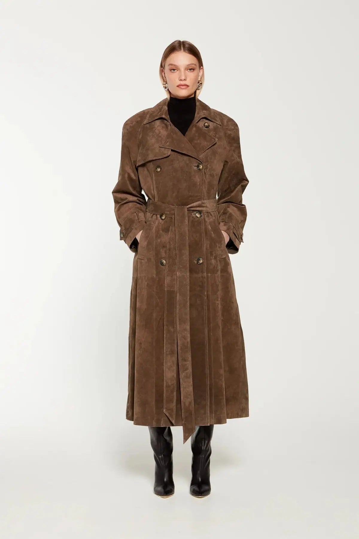Valeria Suède trenchcoat dames – elegante lange jas met ceintuur voor herfst en winter