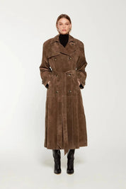 Valeria Suède trenchcoat dames – elegante lange jas met ceintuur voor herfst en winter