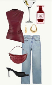 Sienna Top | Fitted Leren Top in Trendy Burgundy met Zwarte Accenten