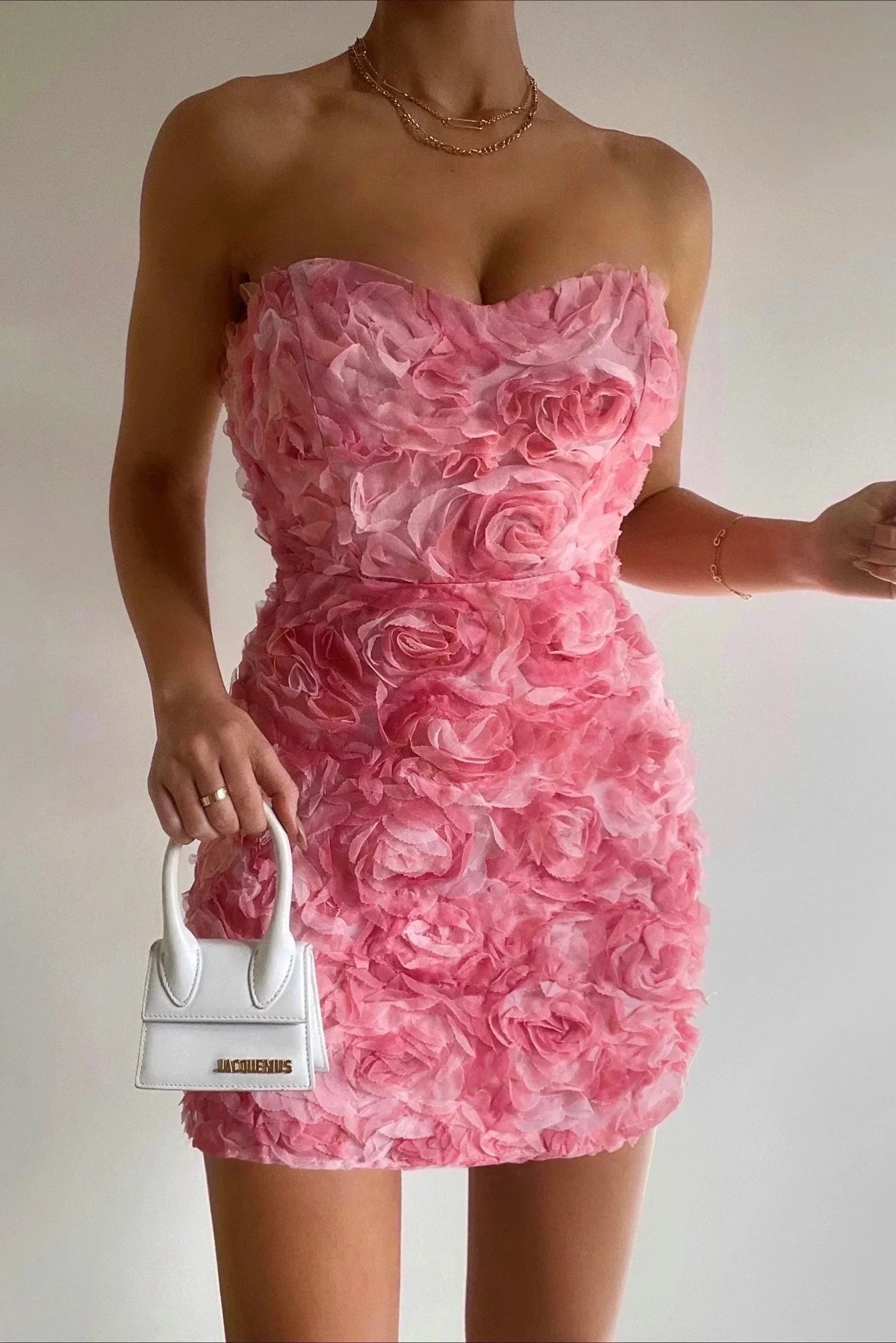 Très Jolie | Strapless Jurk Dames met Bloemmotief - Romantisch, Feestklaar en Vrouwelijk - Roze