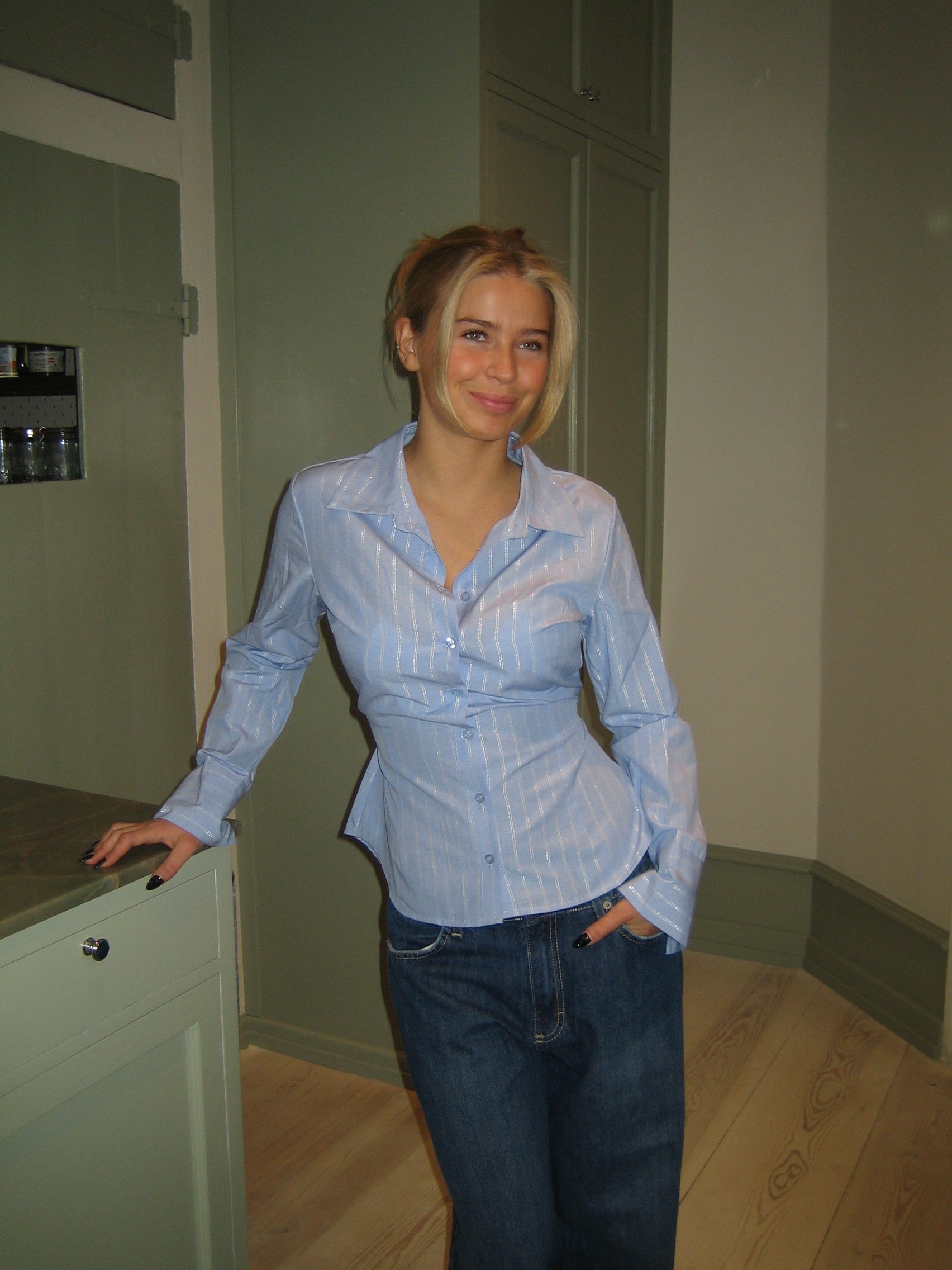 Luciana Blouse | Lichtblauwe Slim Fit Blouse met Fijne Streep en Strijkvrije Stof