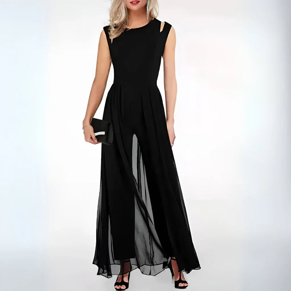 Giulia Jumpsuit | Zwarte Jumpsuit met Hoge Taille en Chiffon Overlay