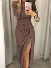 Glitterjurk Dames Feestelijk Midi met Hoge Split en Lange Mouwen - Alessia Scintilla