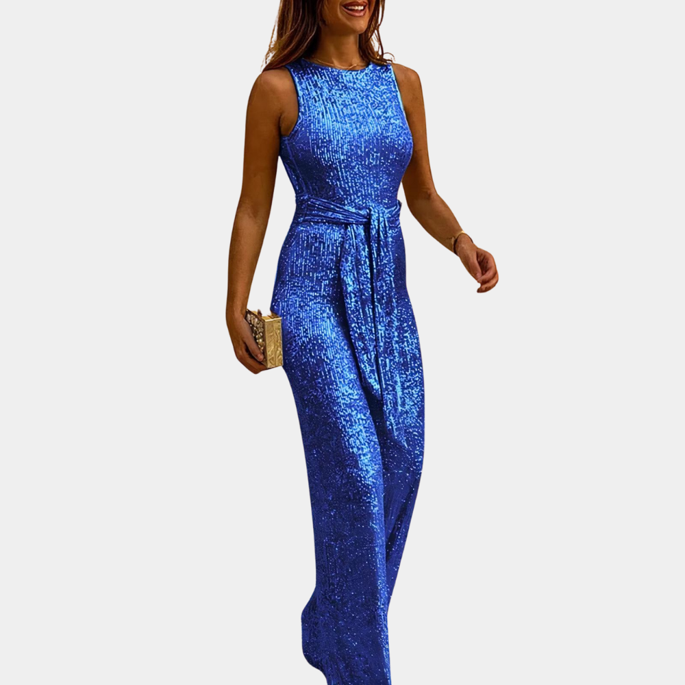 Celeste Jumpsuit | Elegante Glitter Jumpsuit met Ronde Hals en Verstelbare Taille