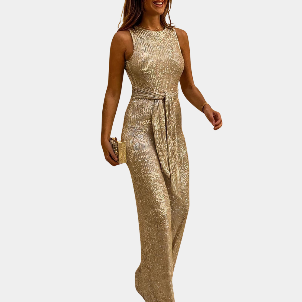 Celeste Jumpsuit | Elegante Glitter Jumpsuit met Ronde Hals en Verstelbare Taille