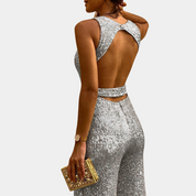 Celeste Jumpsuit | Elegante Glitter Jumpsuit met Ronde Hals en Verstelbare Taille