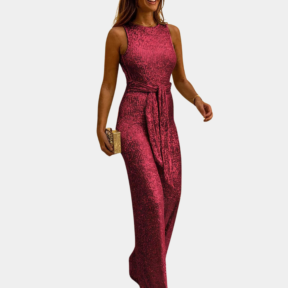 Celeste Jumpsuit | Elegante Glitter Jumpsuit met Ronde Hals en Verstelbare Taille