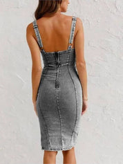 Jeansjurk Dames Midi met Knopen en Zijsplit - Blauw / Zwart - Maelen