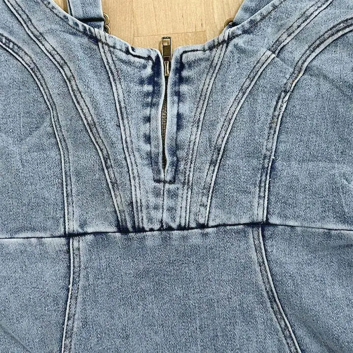 Jeansjurk Dames Midi met Knopen en Zijsplit - Blauw / Zwart - Maelen
