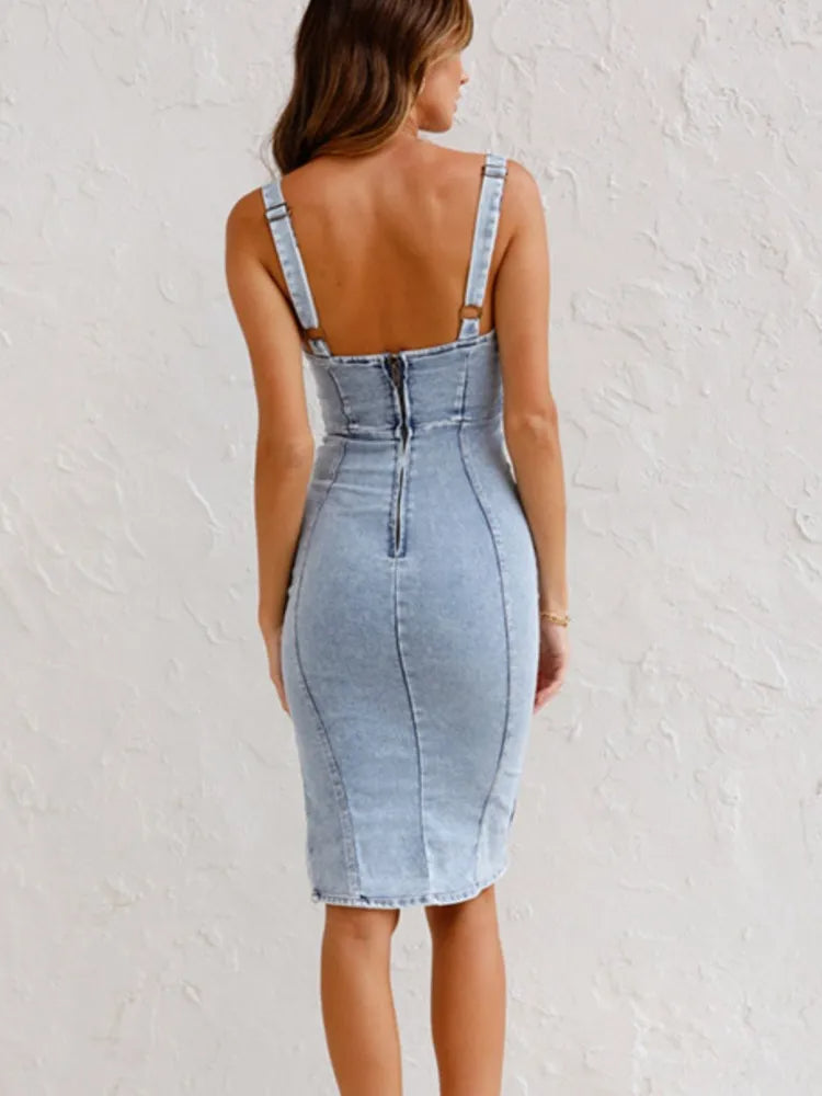 Jeansjurk Dames Midi met Knopen en Zijsplit - Blauw / Zwart - Maelen