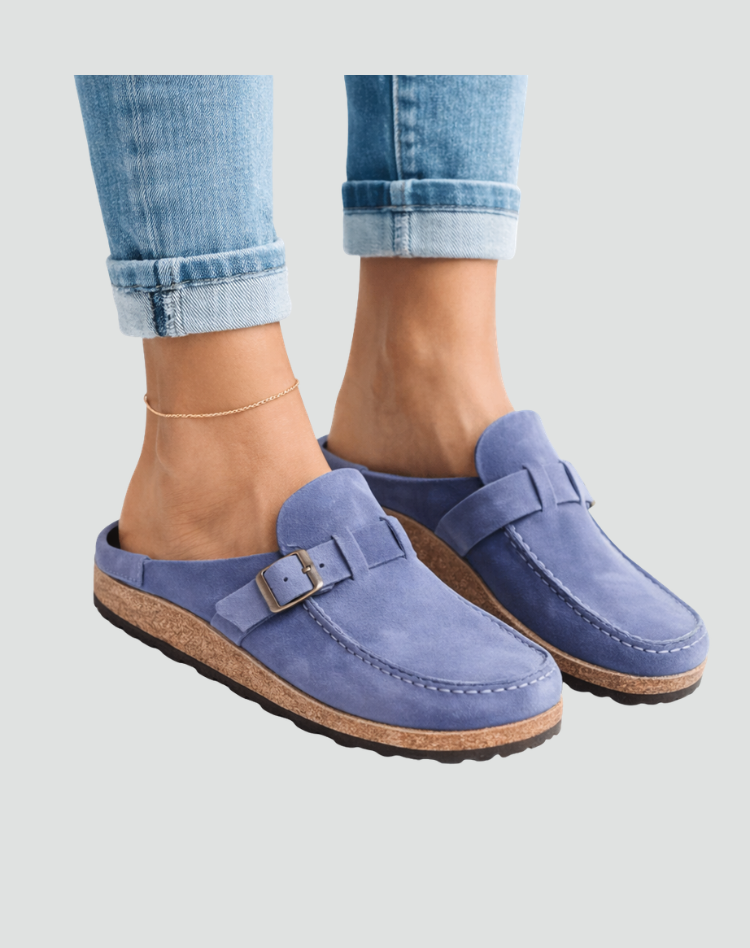 Slippers van het Type Klompen met Gesp en Geprofileerde Zool voor Dames, Muiltjes - Bruin/Zwart/Paars