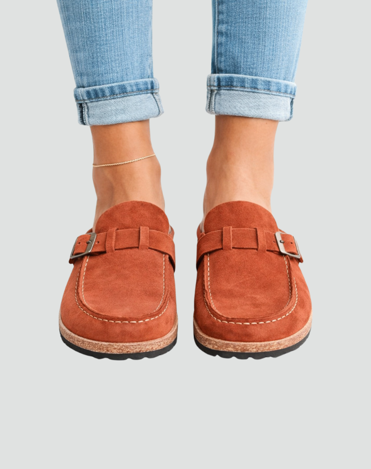 Slippers van het Type Klompen met Gesp en Geprofileerde Zool voor Dames, Muiltjes - Bruin/Zwart/Paars