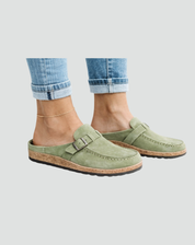 Slippers van het Type Klompen met Gesp en Geprofileerde Zool voor Dames, Muiltjes - Bruin/Zwart/Paars