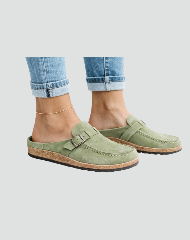 Slippers van het Type Klompen met Gesp en Geprofileerde Zool voor Dames, Muiltjes - Bruin/Zwart/Paars