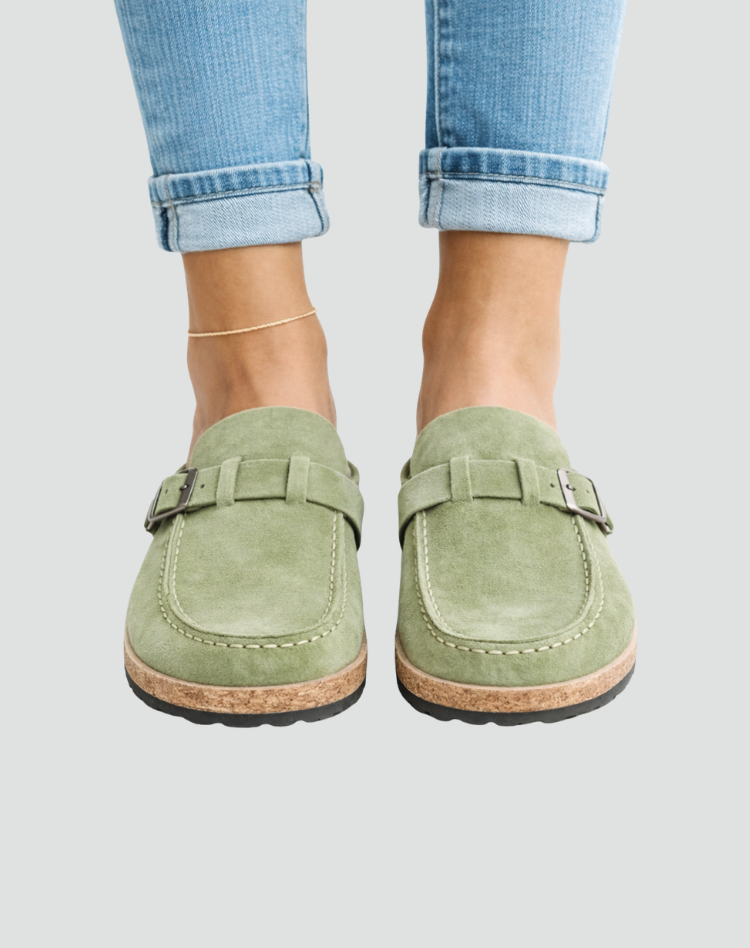 Slippers van het Type Klompen met Gesp en Geprofileerde Zool voor Dames, Muiltjes - Bruin/Zwart/Paars