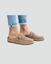 Slippers van het Type Klompen met Gesp en Geprofileerde Zool voor Dames, Muiltjes - Bruin/Zwart/Paars