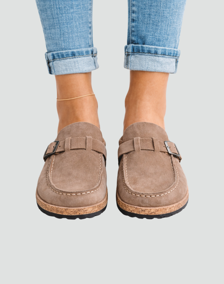 Slippers van het Type Klompen met Gesp en Geprofileerde Zool voor Dames, Muiltjes - Bruin/Zwart/Paars