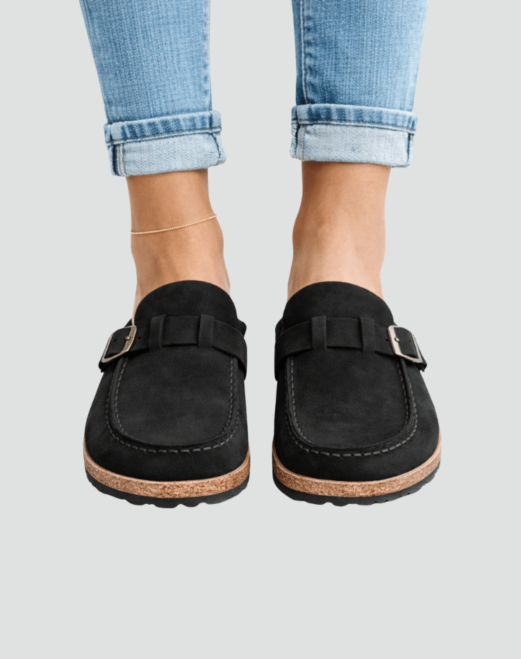 Slippers van het Type Klompen met Gesp en Geprofileerde Zool voor Dames, Muiltjes - Bruin/Zwart/Paars