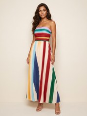 Kleurrijke Plissé Maxi Jurk Isabella Dames Strapless met Geplooide Taille