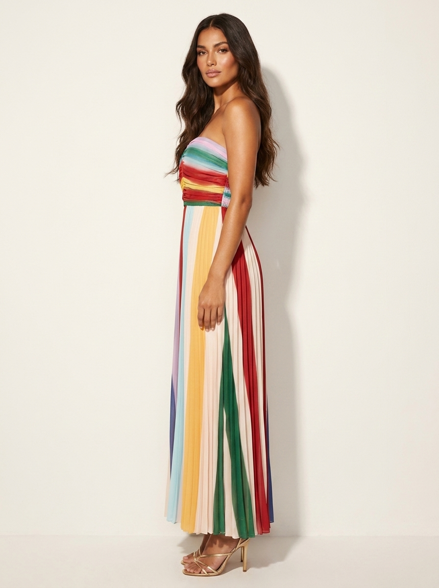 Kleurrijke Plissé Maxi Jurk Isabella Dames Strapless met Geplooide Taille