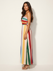 Kleurrijke Plissé Maxi Jurk Isabella Dames Strapless met Geplooide Taille