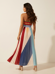 Kleurrijke Plissé Maxi Jurk Isabella Dames Strapless met Geplooide Taille
